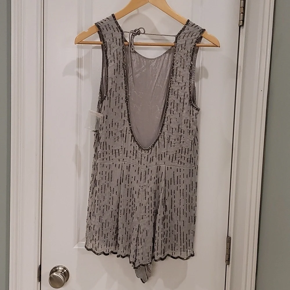 Free People Beauty Light Gray Beaded Sleeveless Romper - Size 4